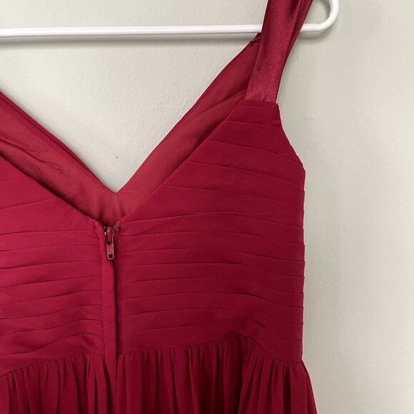 Azazie red knee length v-neck formal dress chiffon style ruched prom size small - Picture 4 of 5